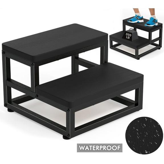 Two-Step Stool for Adults & Kids, Waterproof HDPE Bed Step with Adjustable Non-Slip Feet, Sturdy Metal Frame for Kitchen, Bathroom, Bedroom, RV & Outdoor Use, Black