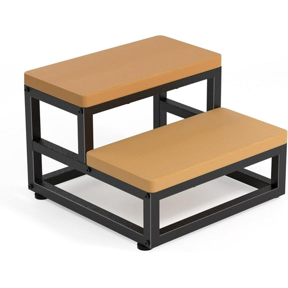 Two Step Stool for Adults Kids, Waterproof HPDE Bed Step Foot Stool with Adjustable Non-Slip Feet, Metal Frame Stepping for Kitchen Bathroom Bedroom Living Room, Indoor or Outdoor Use, Brown