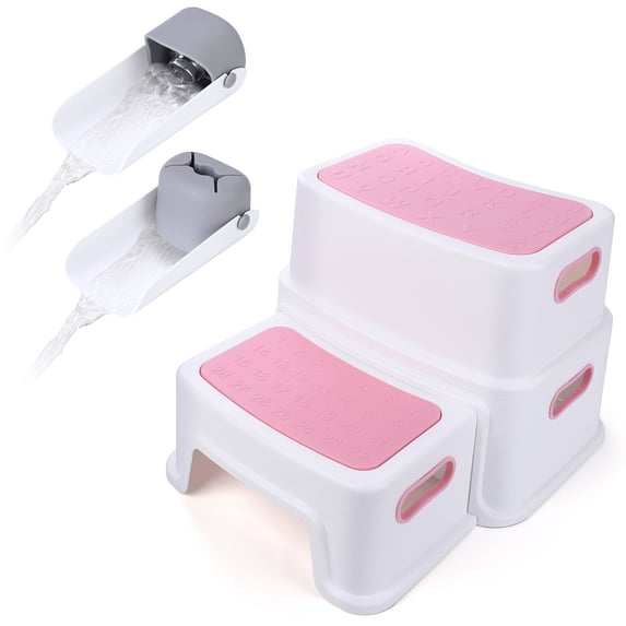 Two Step Stool for Kids with 2 PCS Faucet Extender, Babevy Toddler Step Stool for Potty Training, with Numbers/ABC and Handles, Anti-Slip Double Up Child Stool for Bathroom, Kitchen, Toilet