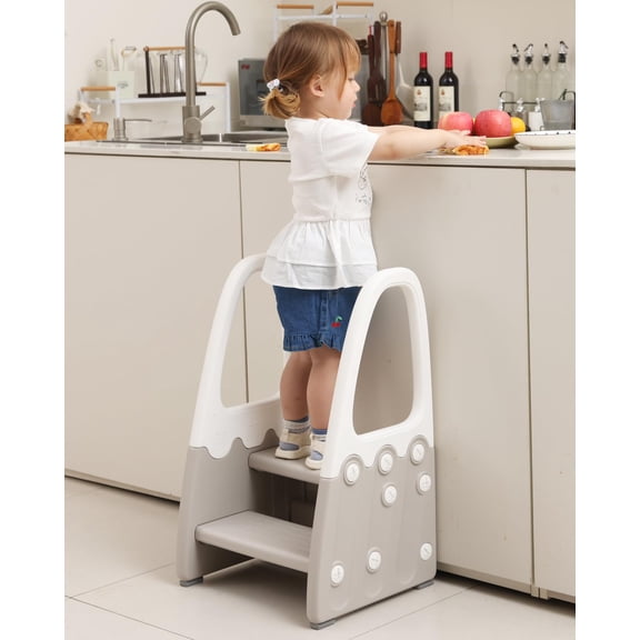 Two Step Stool With Handrails For And  Standing Learning Tower Bathroom Sink Potty Up Helper Handles Safety Non-slip Pads(gray)