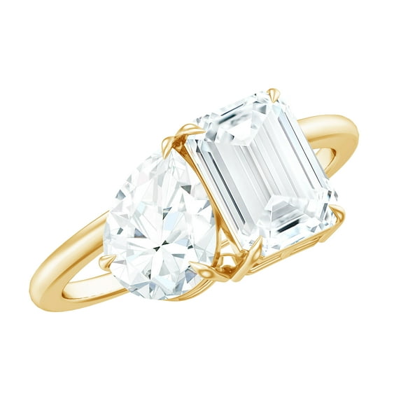 Rosec Jewels Pear and Emerald Cut Moissanite Toi Et Moi Engagement Ring for Women - 2 Stone Ring - D-VS1 Quality, 10K Yellow Gold, US 4.50