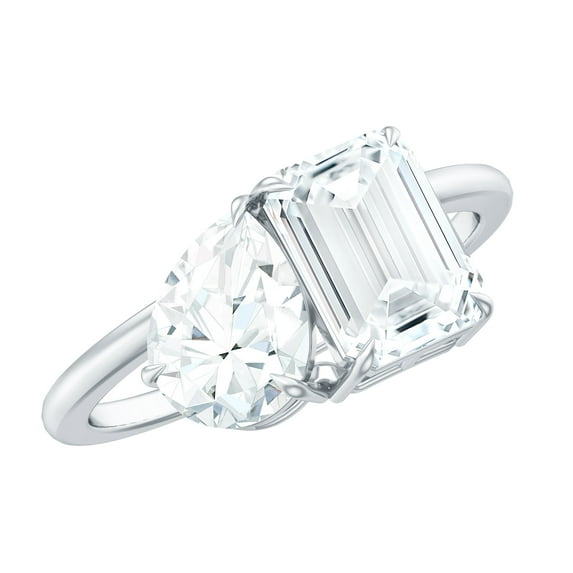 Rosec Jewels Pear and Emerald Cut Moissanite Toi Et Moi Engagement Ring for Women - 2 Stone Ring - D-VS1 Quality, 18K White Gold, US 11.50