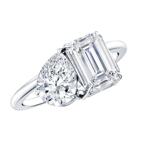 Rosec Jewels Pear and Emerald Cut Moissanite Toi Et Moi Engagement Ring for Women - 2 Stone Ring - D-VS1 Quality, 925 Sterling Silver, US 4.00