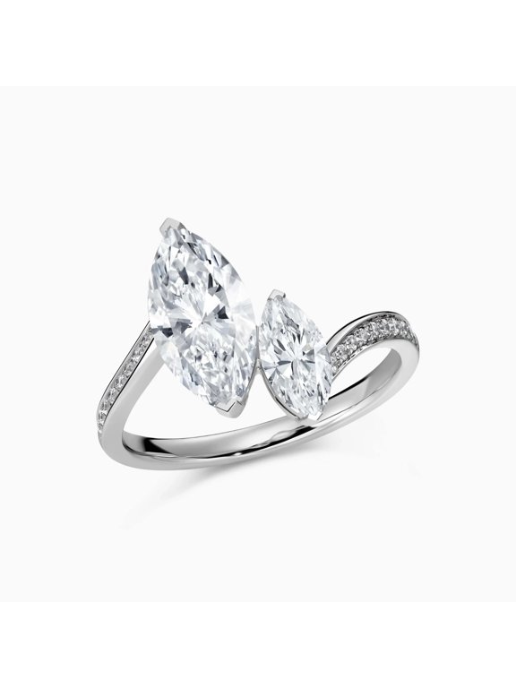 Two Stone Marquise Diamond Engagement Ring, Bypass Shank Pave Set Accent Diamond Ring, 14K White Gold Plated, 2.2 Ct Simulated Diamond