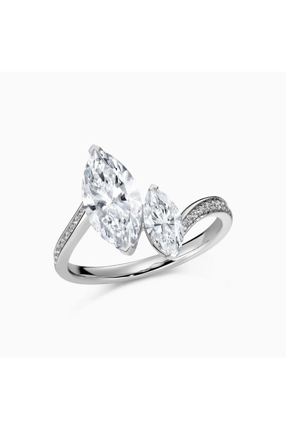 Two Stone Marquise Diamond Engagement Ring, Bypass Shank Pave Set Accent Diamond Ring, 14K White Gold Plated, 2.2 Ct Simulated Diamond