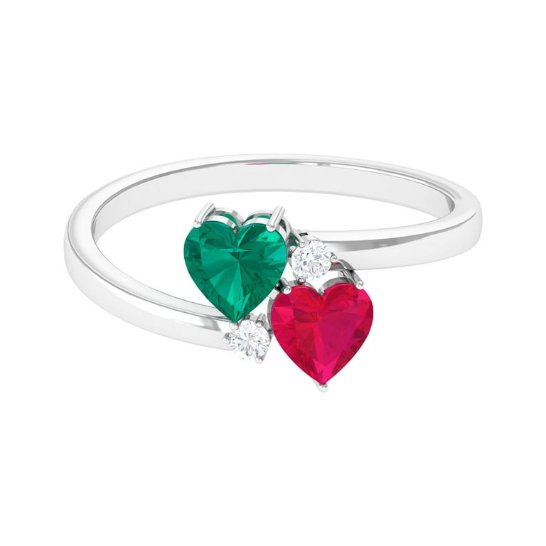 Two Stone Promise Ring Emerald and Ruby Heart Ring with Diamond 1.25 CT 14K White Gold US 8.50