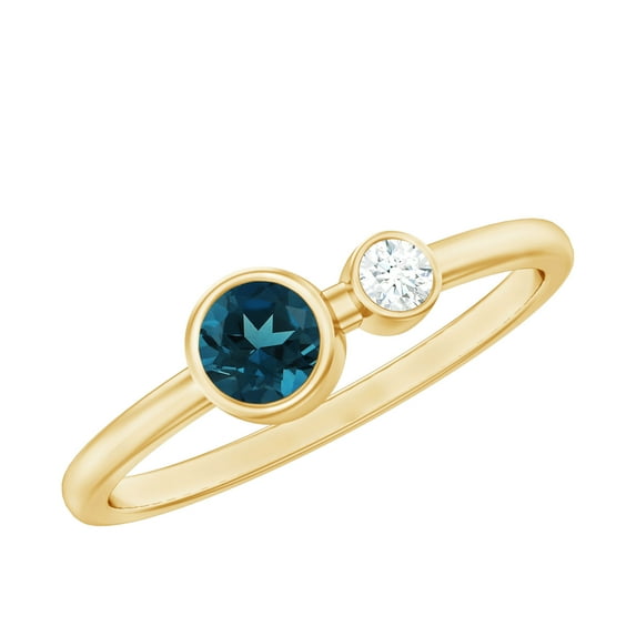 Rosec Jewels Natural London Blue Topaz Two Stone Promise Ring for Women - Bezel Set Blue Topaz Ring - AAA Quality - Ready to Gift, 14K Yellow Gold, US 4.50