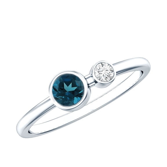 Rosec Jewels Natural London Blue Topaz Two Stone Promise Ring - Bezel Set Blue Topaz Diamond Ring - AAA Quality - Ready to Gift, 925 Sterling Silver, US 4.00