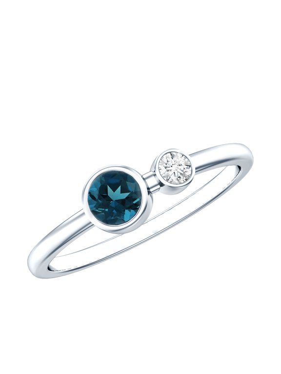 Natural London Blue Topaz Two Stone Promise Ring - Bezel Set Blue Topaz Diamond Ring - AAA Quality - Ready to Gift, 925 Sterling Silver, US 4.00