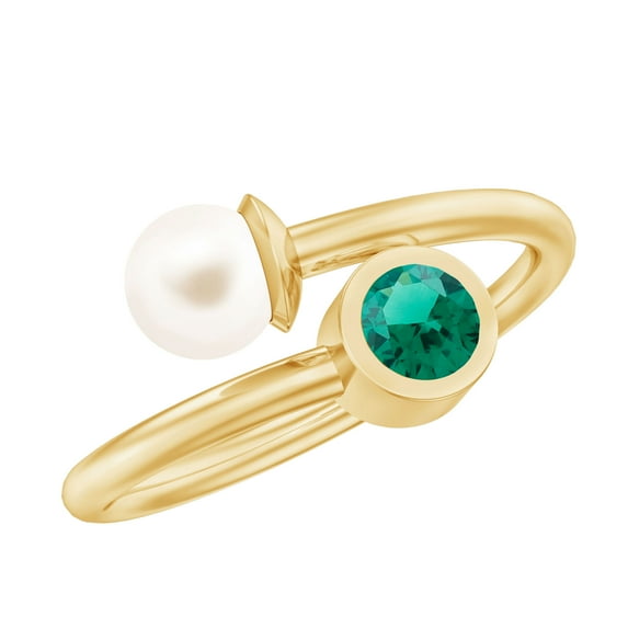 Rosec Jewels Freshwater Pearl 2 Stone Promise Ring - Womens Pearl and Emerald Ring (AAA Quality) Ready to Gift for Valentines, 18K Yellow Gold, US 13.00