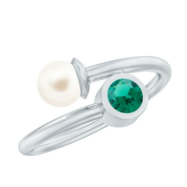 Two Stone Ring for Women - Freshwater Pearl and Created Emerald Ring - AAA Grade, 925 Sterling Silver, US 4.00