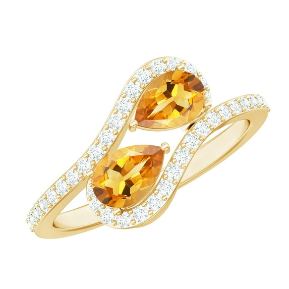 Rosec Jewels Citrine Toi Et Moi Engagement Ring with Diamond - 5X7 mm Pear Shape - Bypass Ring for Women - AAA Quality Certified, 10K Yellow Gold, US 8.50