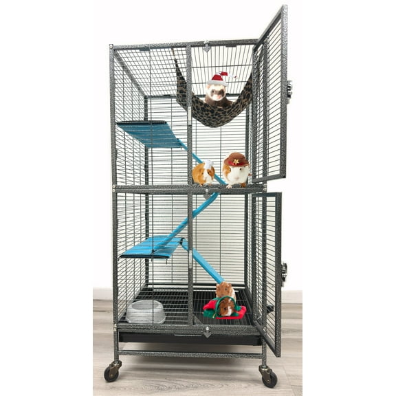 Two Story Double Unit 4-Level Small Animal Critter Home Metal Cage Hamster Habitat Mouse Rat Gerbil House Tight 1/2-inch Wire Spacing Rolling Cage for Ferret Hammock Chinchilla Sugar Glider