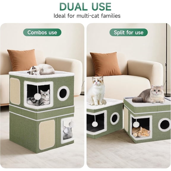 Two-Story Indoor Cat House with Separate Bed Caves Hideaway Condos Scratch Pads Hanging Balls and Foldable Design in Green