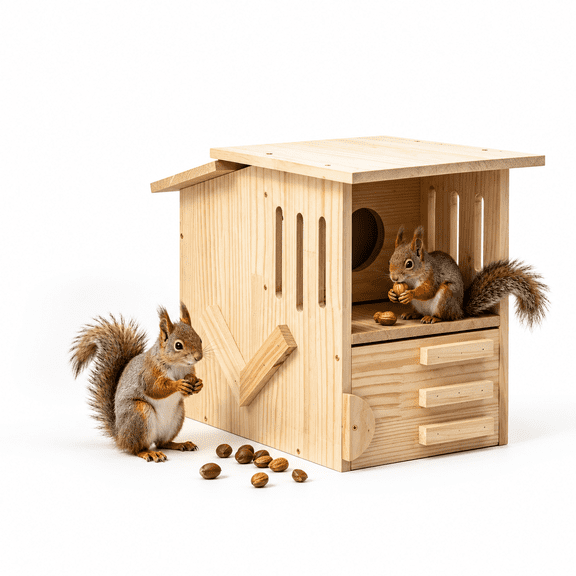 Two-Story Solid Wood Squirrel House with Covered Feeding Deck, Outdoor Nesting Box for Squirrels and Chipmunks