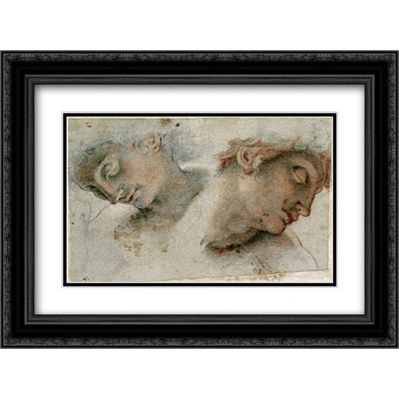 Two Studies of a Head 2x Matted 24x18 Black Ornate Framed Art Print by Roncalli, Cristofano