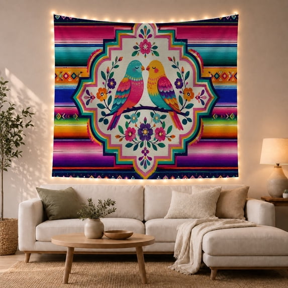 Two Stylized Multicolored With Birds Facing Each Other, Mystical Fantasy for Space Lovers, Galaxy Room Decor, Mother's Day Gift, Tapestry Wall Hanging for Bedroom and Dorm