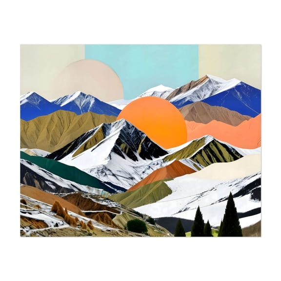 Two Suns Rising - India Illustration Surrealism Abstract Landscape Mountain Geometric Modern Art Nature Unframed Wall Art Print 30 x 40 inches