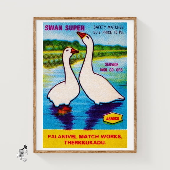 Two Swans Indian Matchbox Wall Art Decor Unframed Paper Print
