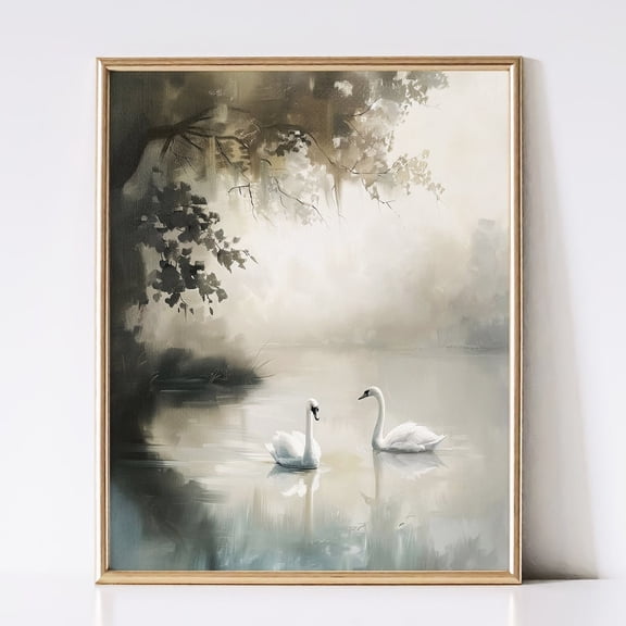 Two Swans Lake Painting: Vintage Cottagecore Wall Art UNFRAMED PAPER POSTER, Home Decor, Vintage Gift, Living Room Dercor