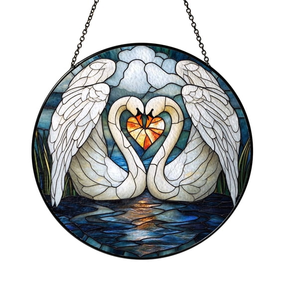 Two Swans Round Window Hanging – Decorative Glass Art