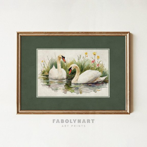 Two Swans Sage Lake Bird Wall Art Poster Unframed Paper Print