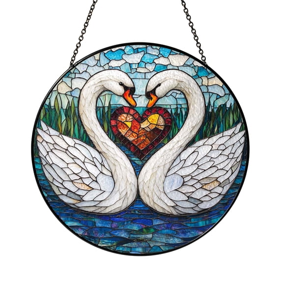Two Swans Stained Glass Suncatcher, Romantic Bird Window Hanging Decor, Elegant Nature Inspired Glass Style Art Accent