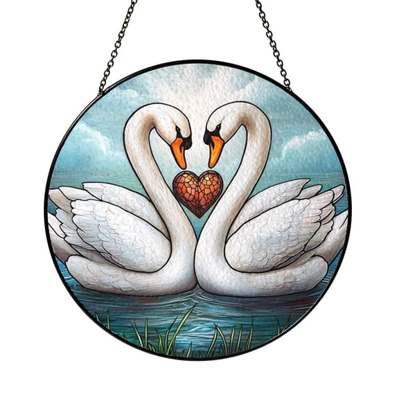 Two Swans Stained Glass Suncatcher Round Window Hanging Romantic Panel for Home Decor Anniversary Couple Gift