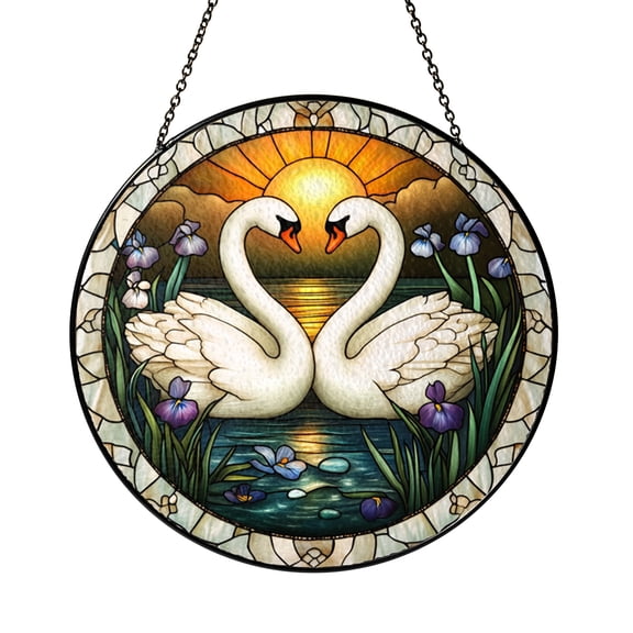 Two Swans Window Hanging – Stained Glass Style Nature Decor