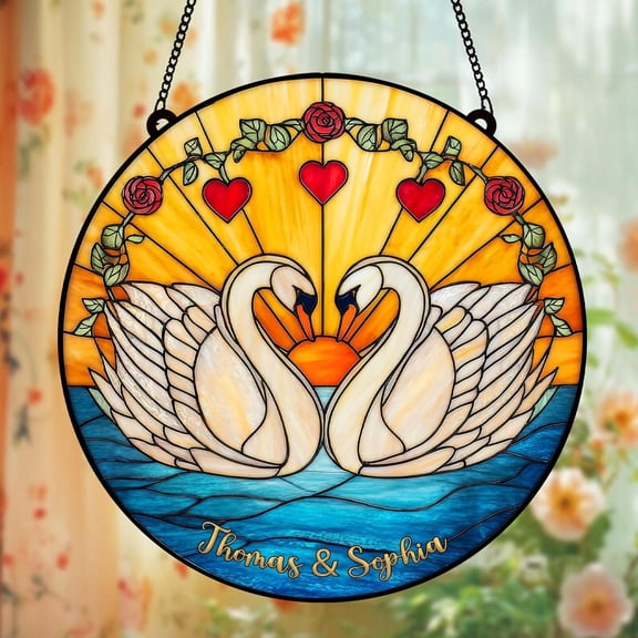 Two Swans in Love Glass Suncatcher, Cherry Blossom Lake Art, Romantic Anniversary, 3.5 in