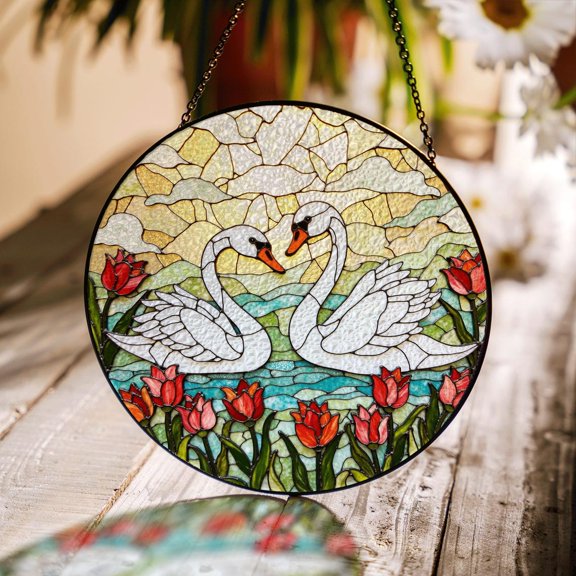 Two Swans with Red Tulips Glass Suncatcher, Romantic Window Decor, 7.9 in
