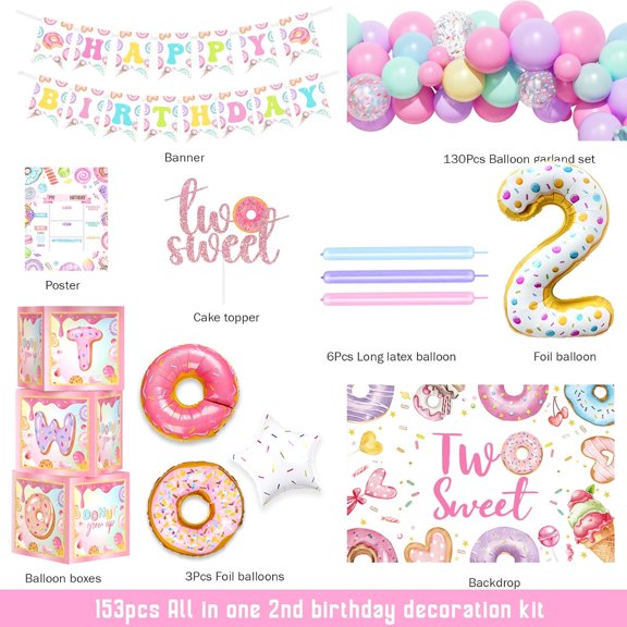 Two Sweet Birthday Decorations 153 PCs Donut Themed 2nd Birthday Party Supplies with Sweet Backdrop, Number 2 Foil Balloon, Donut Balloon, Banner, Boxes$$Home Decor, Kitchen, & Other