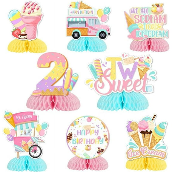Two Sweet Birthday Honeycomb Centerpiece for Girls, Ice Cream 2nd Birthday Table Centerpieces, We All Screamed for Ice Cream Double-Sided Honeycomb Centerpiece for Summer 2nd Birthday Party