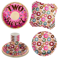 thumbnail image 1 of Two Sweet Donut Girls 2nd Birthday Party Supplies - Donut Birthday Party Supplies 64 Piece Tableware Set Includes Large 9" Paper Plates Dessert Plates, Cups and Napkins Kit for 16, 1 of 9