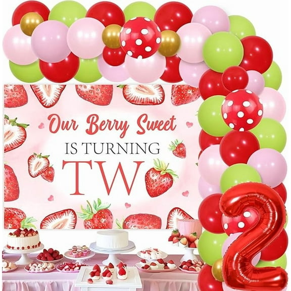 Two Sweet Strawberry Birthday Decorations, Fruit Berry 2nd Birthday Decorations for Girls - Strawberry Balloon Arch Kit with Our Berry Sweet Is Turning Two Backdrop, Foil Balloons