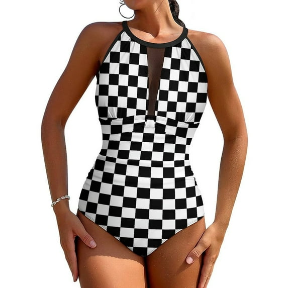 Two T Swimsuit Sexy Black White Checkerboard Female Swimwear One Piece Bodysuit Holiday Surf Push Up Hollow Out Bathing Suits