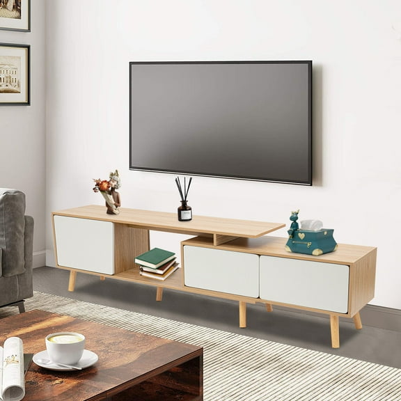 Two Table Tops TV Stand Books Storage Cabinet Entertainment Unit Console Media Table Adjustable Length 47.2-78.7in 3 Compartments for Store Media, Electronic Products, Accessories