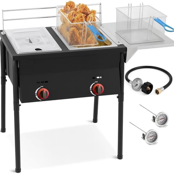 Two Tank Propane Deep Fryer 2 Basket Stainless Steel Cooker Fry Fish Chicken Outdoor 4 Gal Oil Capacity with 2 Thermometers and Regulator