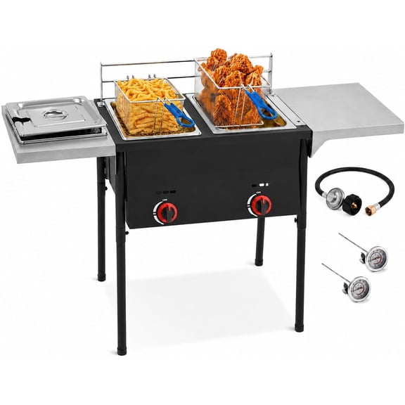 Two Tank Propane Deep Fryer-2 Basket Stainless Steel Cooker-Fry Fish/Chicken-Outdoor Fryer Cart-4 Gal. Oil Capacity-16 QT-with 2 Thermometers and Regulator