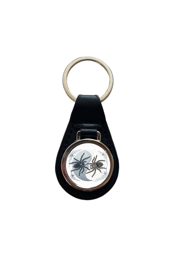 Two Tarantulas Spiders Yin Yang Metal Black Leather Keychain