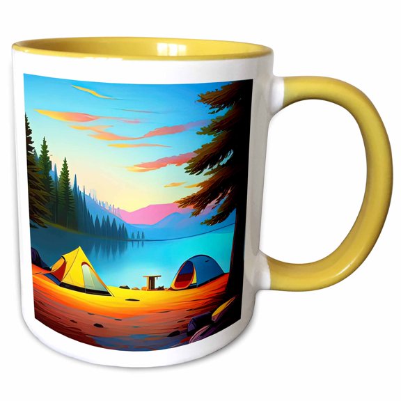 3drose, Two Tents by the Lake in the Evening. Romantic Art for Happy Campers, 11oz Two-tone Yellow Mug