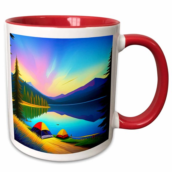 3drose, Two Tents by the Lake in the Morning. Elegant Art for Happy Campers, 15oz Two-tone Red Mug