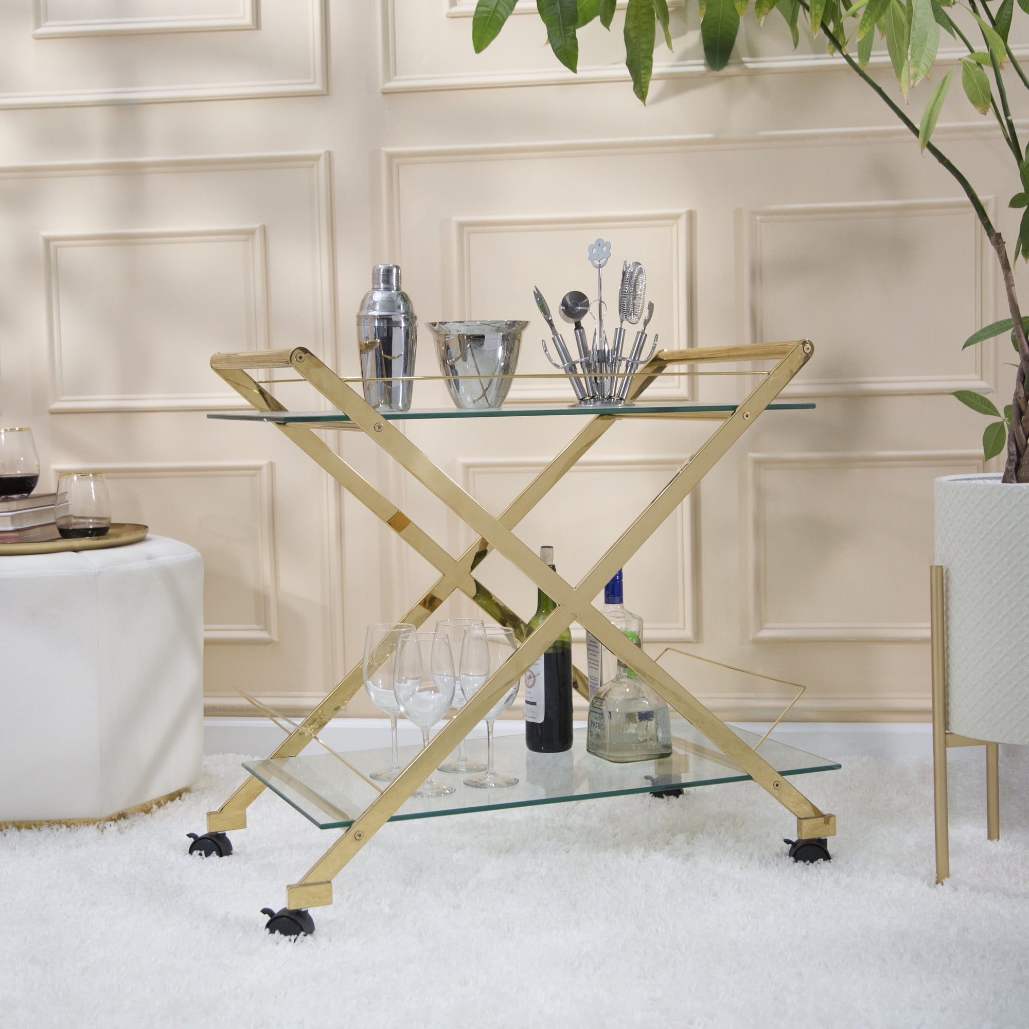 Gold and Glass Two-Tier Rolling Bar Cart