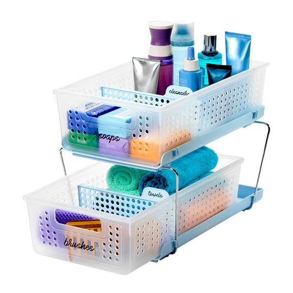 madesmart 2-Tier Bath Multipurpose Organizer with Divided Slide-Out Storage Bins, Under Sink and Cabinet Organizer Rack, Blue/Frost