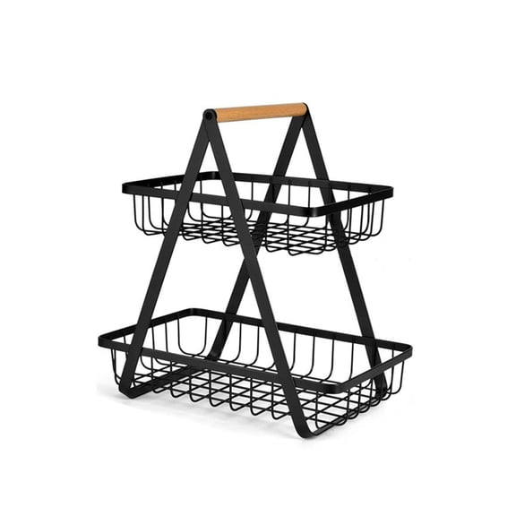 Two-Tier Black Metal Fruit Basket with Wooden Handle, Modern Kitchen Storage Rack