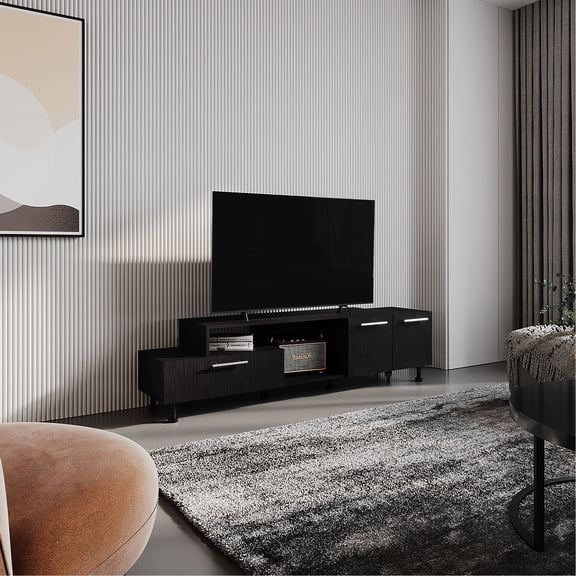 Two-Tier Black TV Stand for 65" TVs / Concealed Storage in Living Area
