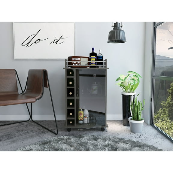 Two Tier Cabinet Bar Cart For Liquor Storage With Stylish Design Lockable Wheels And