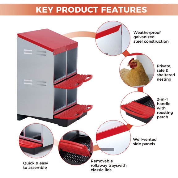 Two-Tier Chicken Nesting Boxes,3 Compartments Metal Laying Boxes, Pull-Out Egg Box Easy Egg Collection&Clean, Wall Mount Suitable for Farm Chicken House,Red