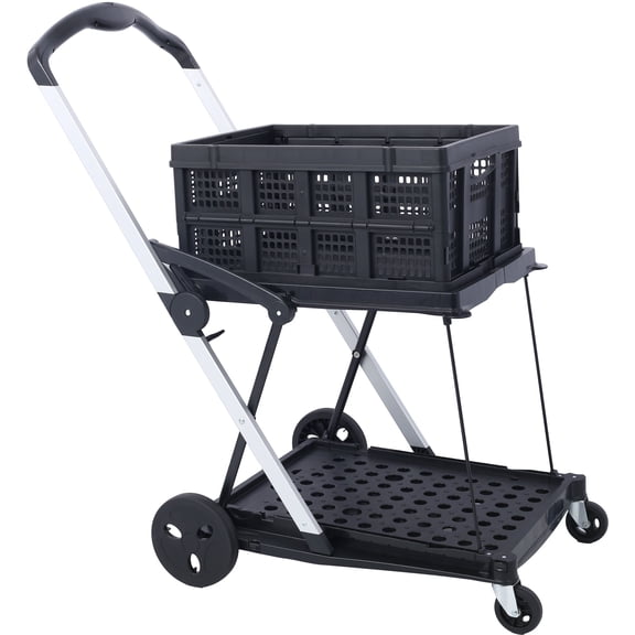 Two-Tier Collapsible Shopping Cart 154LB Loading Capacity Foot Brake Multi-Use Functional Cart Swivel Wheels - Ergonomic Utility Trolley for Shopping, Luggage, and Warehouse Freight