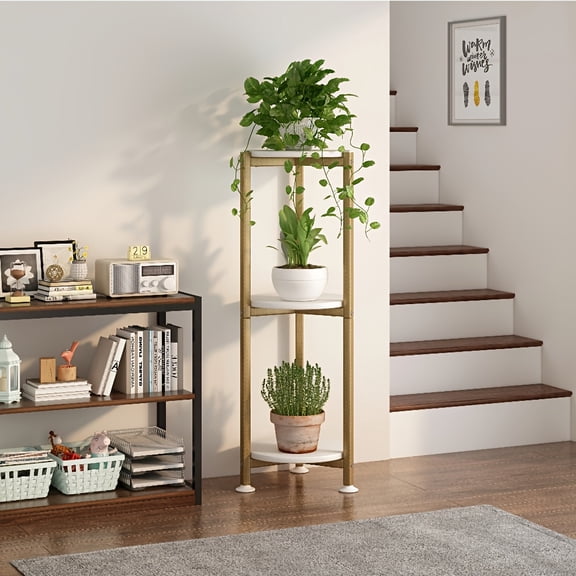 Two-Tier Corner Plant Stand, 32 Inch Tall Vertical Metal Flower Pot Holder Shelf for Indoor and Outdoor Use in Patio, Porch, or Living Room, Modern Design
